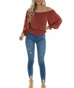 She + Sky Tops Terracotta Off Shoulder Long Sleeve Blouse