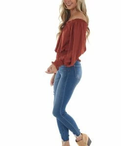 She + Sky Tops Terracotta Off Shoulder Long Sleeve Blouse