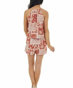 Entro Dresses Terracotta Printed Halter Neck Tiered Woven Romper