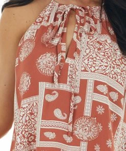 Entro Dresses Terracotta Printed Halter Neck Tiered Woven Romper