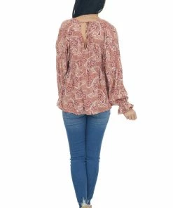 Andree Tops Terracotta Printed Puff Sleeve Babydoll Blouse
