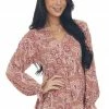 Andree Tops Terracotta Printed Puff Sleeve Babydoll Blouse
