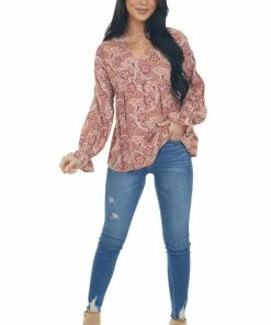 Andree Tops Terracotta Printed Puff Sleeve Babydoll Blouse
