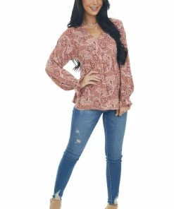 Andree Tops Terracotta Printed Puff Sleeve Babydoll Blouse