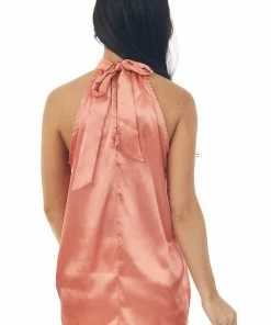FSL APPAREL Terracotta Silky Satin Sleeveless Halter Top Tops
