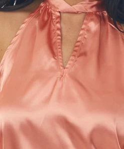 FSL APPAREL Terracotta Silky Satin Sleeveless Halter Top Tops