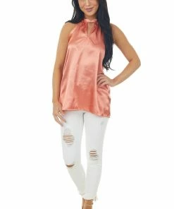 FSL APPAREL Terracotta Silky Satin Sleeveless Halter Top Tops