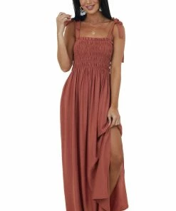 Ces Femme Dresses Terracotta Sleeveless Maxi Dress With Smocked Bodice