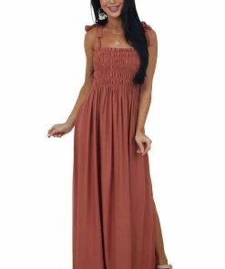 Ces Femme Dresses Terracotta Sleeveless Maxi Dress With Smocked Bodice