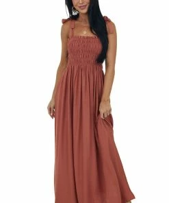 Ces Femme Dresses Terracotta Sleeveless Maxi Dress With Smocked Bodice