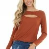 BiBi Tops Terracotta Soft Ribbed Long Sleeve Top With Neckline Cutout 2 BiBi Tops Terracotta Soft Ribbed Long Sleeve Top With Neckline Cutout