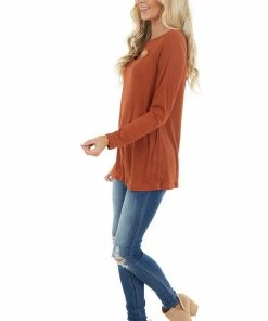 BiBi Tops Terracotta Soft Ribbed Long Sleeve Top With Neckline Cutout