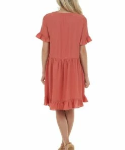 143 Story Dresses Terracotta Square Neck Tiered Short Dress