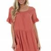143 Story Dresses Terracotta Square Neck Tiered Short Dress