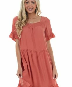 143 Story Dresses Terracotta Square Neck Tiered Short Dress