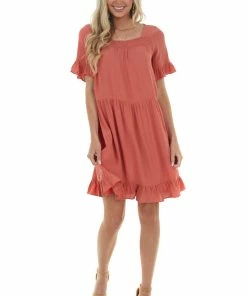 143 Story Dresses Terracotta Square Neck Tiered Short Dress