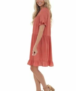 143 Story Dresses Terracotta Square Neck Tiered Short Dress