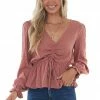 L Love Tops Terracotta Swiss Dot Ruched Puff Sleeve Blouse