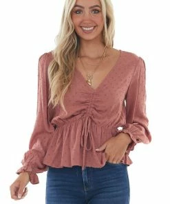 L Love Tops Terracotta Swiss Dot Ruched Puff Sleeve Blouse
