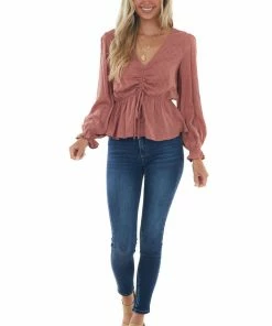 L Love Tops Terracotta Swiss Dot Ruched Puff Sleeve Blouse 20 L Love Tops Terracotta Swiss Dot Ruched Puff Sleeve Blouse