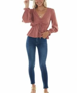 L Love Tops Terracotta Swiss Dot Ruched Puff Sleeve Blouse 22 L Love Tops Terracotta Swiss Dot Ruched Puff Sleeve Blouse