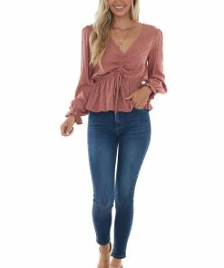 L Love Tops Terracotta Swiss Dot Ruched Puff Sleeve Blouse