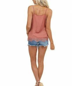 STYLE U Terracotta Tank Top With Lace Details And Adjustable Straps Tops