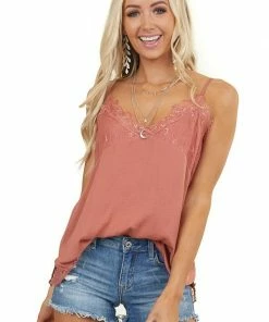 STYLE U Terracotta Tank Top With Lace Details And Adjustable Straps Tops