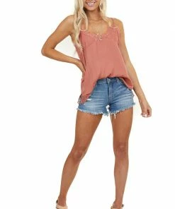 STYLE U Terracotta Tank Top With Lace Details And Adjustable Straps Tops