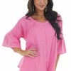 Davi & Dani Thulian Pink Button Down Flare Sleeve Blouse