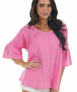 Davi & Dani Thulian Pink Button Down Flare Sleeve Blouse