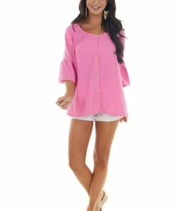 Davi & Dani Thulian Pink Button Down Flare Sleeve Blouse