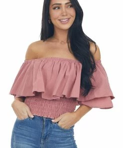 Blue Buttercup Thulian Pink Off Shoulder Overlay Smocked Top