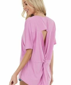 ROKOKO Tops Pink Short Sleeve Soft Knit Top With Open Back Twist