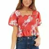 Davi & Dani Tops Tomato Red Floral Print Smocked Crop Top With Short Sleeves