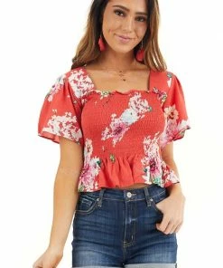 Davi & Dani Tops Tomato Red Floral Print Smocked Crop Top With Short Sleeves