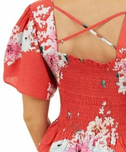 Davi & Dani Tops Tomato Red Floral Print Smocked Crop Top With Short Sleeves