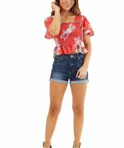 Davi & Dani Tops Tomato Red Floral Print Smocked Crop Top With Short Sleeves