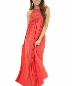 CY Fashion Tomato Red Spaghetti Strap Maxi Dress With Front Lace Detail Dresses