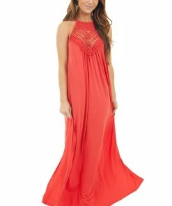 CY Fashion Tomato Red Spaghetti Strap Maxi Dress With Front Lace Detail Dresses