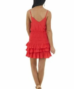 Do + Be Tomato Red Strappy Mini Dress With Smocking And Tiers Dresses