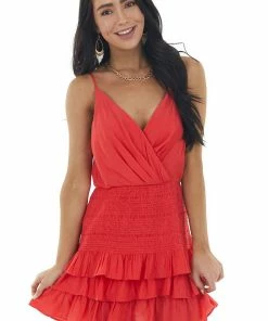 Do + Be Tomato Red Strappy Mini Dress With Smocking And Tiers Dresses