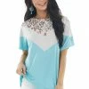 Lovely Melody Turquoise And Dove Chevron Pattern Short Sleeve Knit Top