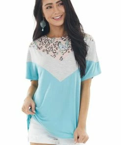 Lovely Melody Turquoise And Dove Chevron Pattern Short Sleeve Knit Top