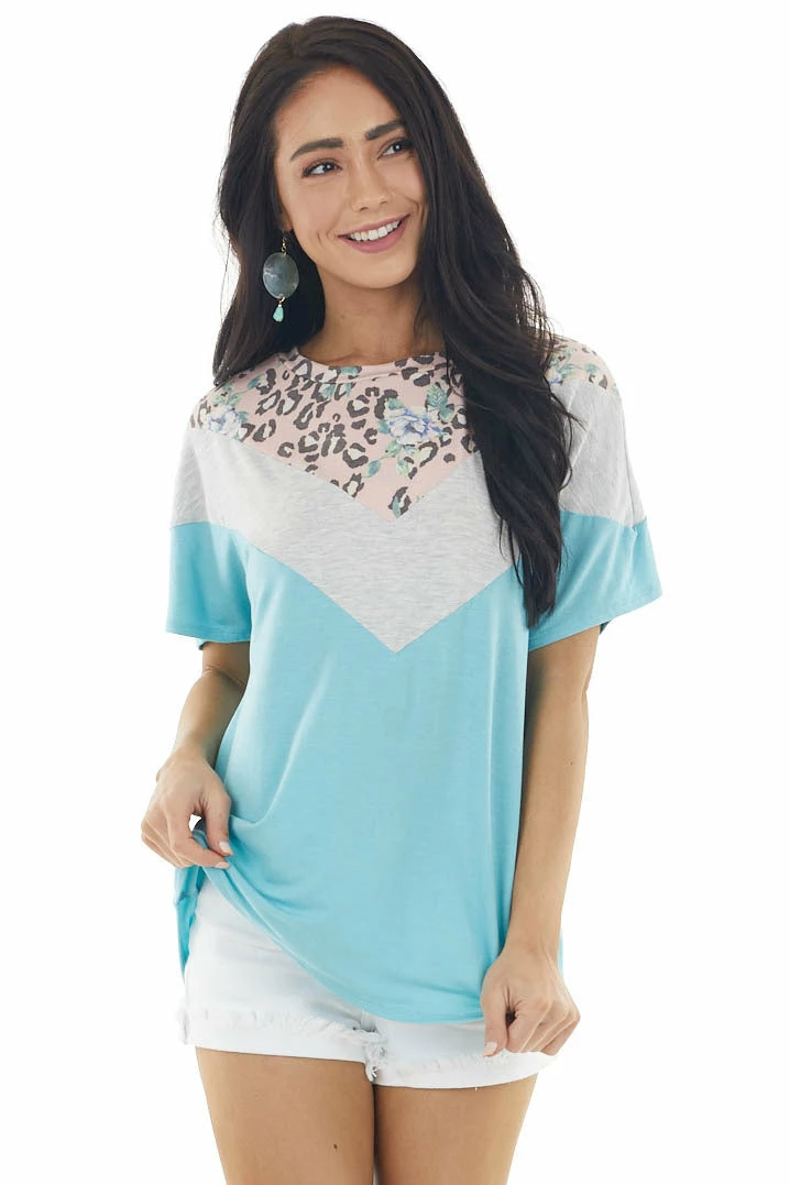 Lovely Melody Turquoise And Dove Chevron Pattern Short Sleeve Knit Top 3 Lovely Melody Turquoise And Dove Chevron Pattern Short Sleeve Knit Top
