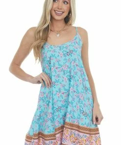 Umgee Turquoise Floral Print Sleeveless Flowy Mini Dress Dresses 12 Umgee Turquoise Floral Print Sleeveless Flowy Mini Dress Dresses