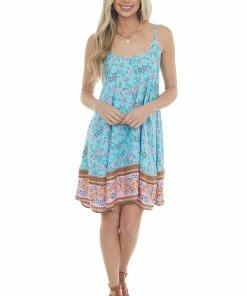 Umgee Turquoise Floral Print Sleeveless Flowy Mini Dress Dresses 13 Umgee Turquoise Floral Print Sleeveless Flowy Mini Dress Dresses