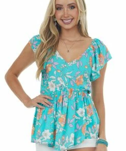 Staccato Tops Turquoise Floral Print V Neck Peplum Blouse