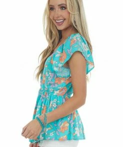 Staccato Tops Turquoise Floral Print V Neck Peplum Blouse