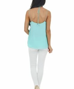 NAKED ZEBRA Turquoise Halter Neckline Sleeveless Woven Ruffle Camisole 24 NAKED ZEBRA Turquoise Halter Neckline Sleeveless Woven Ruffle Camisole